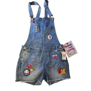 INDIGO REIN Women's Patchwork Overall Short Denim Stretch Distressed Siz…